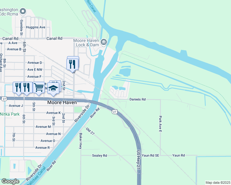 map of restaurants, bars, coffee shops, grocery stores, and more near 57 Large Mouth Lane Northeast in Moore Haven