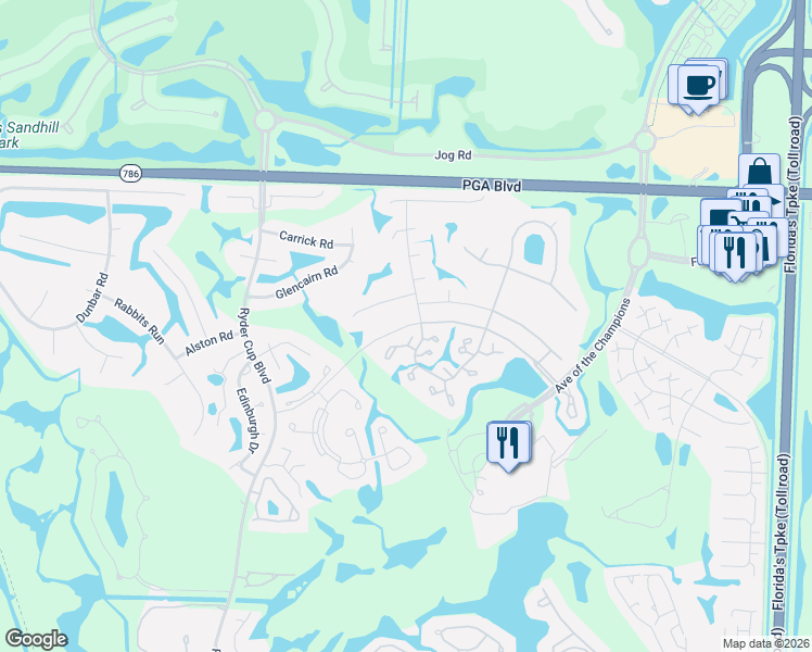 map of restaurants, bars, coffee shops, grocery stores, and more near Tournament Boulevard in Palm Beach Gardens