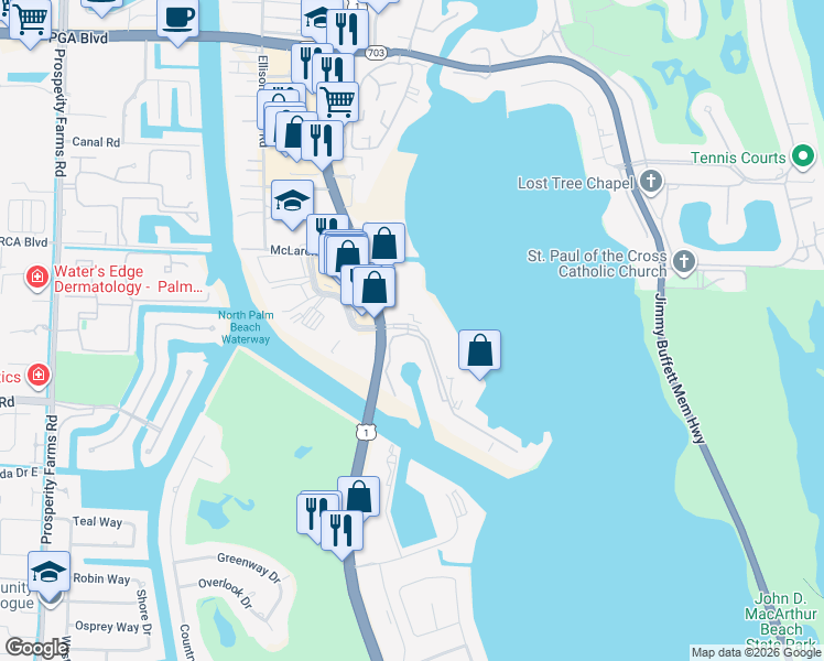 map of restaurants, bars, coffee shops, grocery stores, and more near 1132 Marine Way West in North Palm Beach