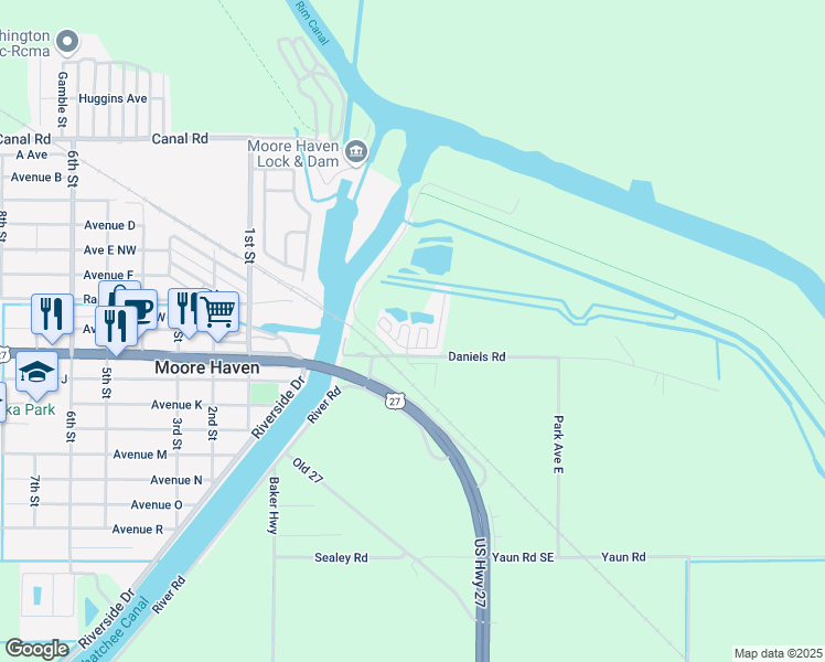 map of restaurants, bars, coffee shops, grocery stores, and more near 1159 Daniels Road in Moore Haven