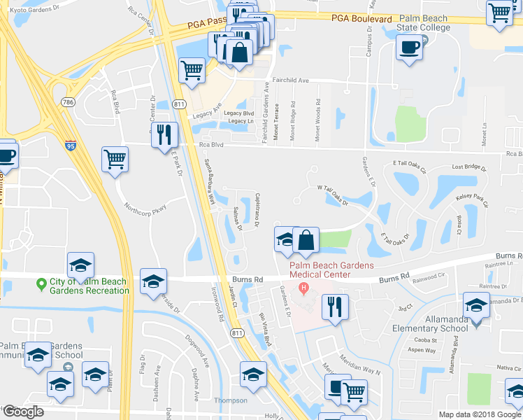 map of restaurants, bars, coffee shops, grocery stores, and more near 436 Capistrano Drive in Palm Beach Gardens