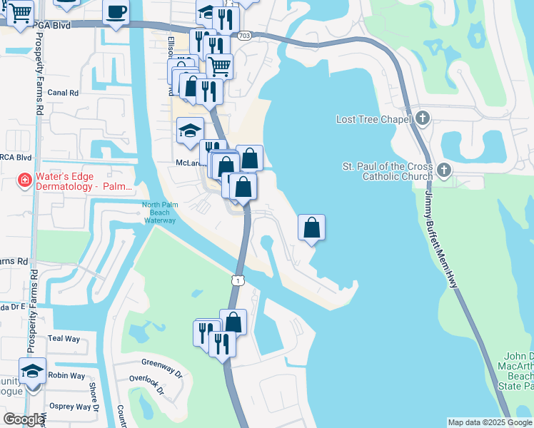 map of restaurants, bars, coffee shops, grocery stores, and more near 136 Lakeshore Drive in North Palm Beach