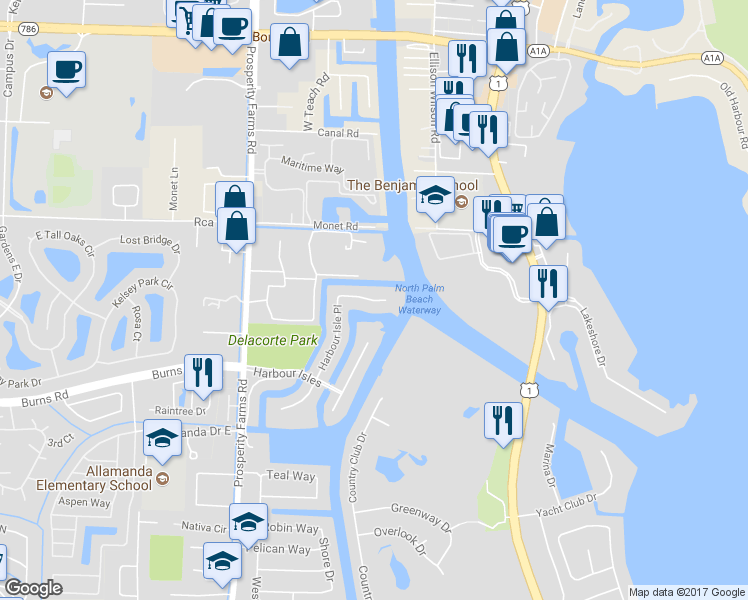map of restaurants, bars, coffee shops, grocery stores, and more near 848 Harbour Isle Place in North Palm Beach