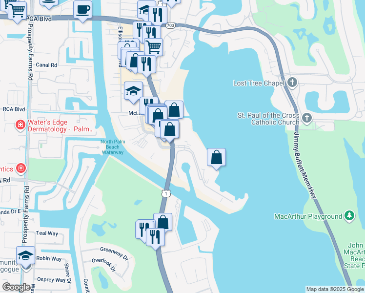 map of restaurants, bars, coffee shops, grocery stores, and more near 134 Lakeshore Drive in North Palm Beach