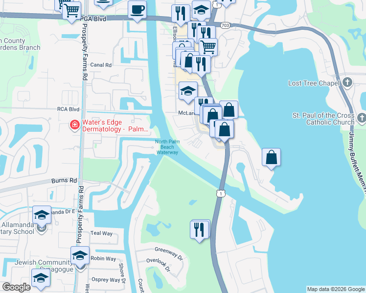 map of restaurants, bars, coffee shops, grocery stores, and more near 364 Golfview Road in North Palm Beach