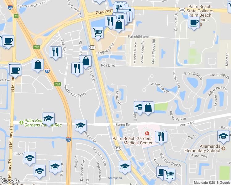 map of restaurants, bars, coffee shops, grocery stores, and more near 355 Salinas Drive in Palm Beach Gardens