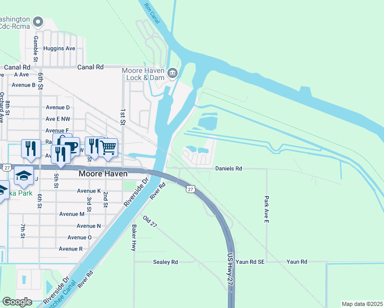 map of restaurants, bars, coffee shops, grocery stores, and more near 57 Large Mouth Lane Northeast in Moore Haven
