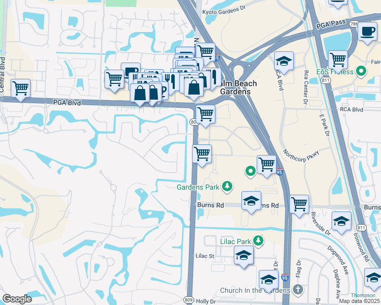 map of restaurants, bars, coffee shops, grocery stores, and more near 10789 North Military Trail in Palm Beach Gardens