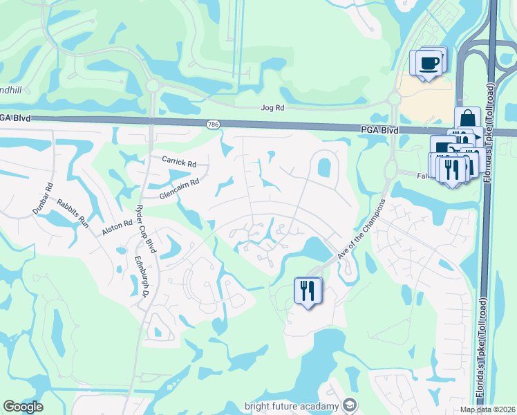 map of restaurants, bars, coffee shops, grocery stores, and more near 18 Surrey Road in Palm Beach Gardens