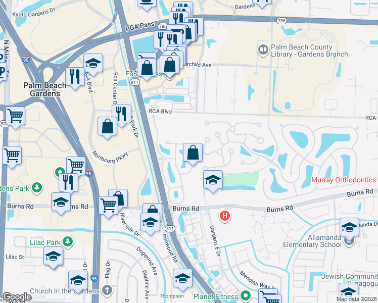map of restaurants, bars, coffee shops, grocery stores, and more near 449 Capistrano Drive in Palm Beach Gardens