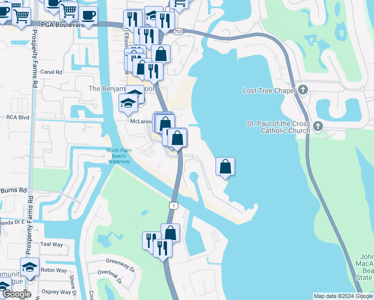map of restaurants, bars, coffee shops, grocery stores, and more near 1200 Marine Way in North Palm Beach
