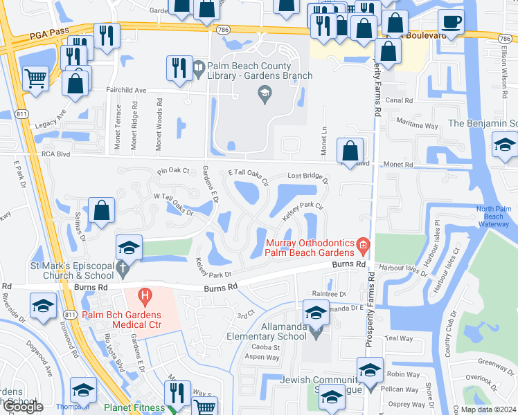 map of restaurants, bars, coffee shops, grocery stores, and more near 144 East Tall Oaks Circle in Palm Beach Gardens