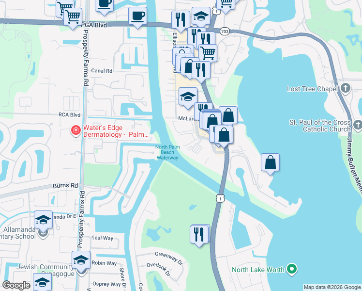 map of restaurants, bars, coffee shops, grocery stores, and more near 364 Golfview Road in North Palm Beach