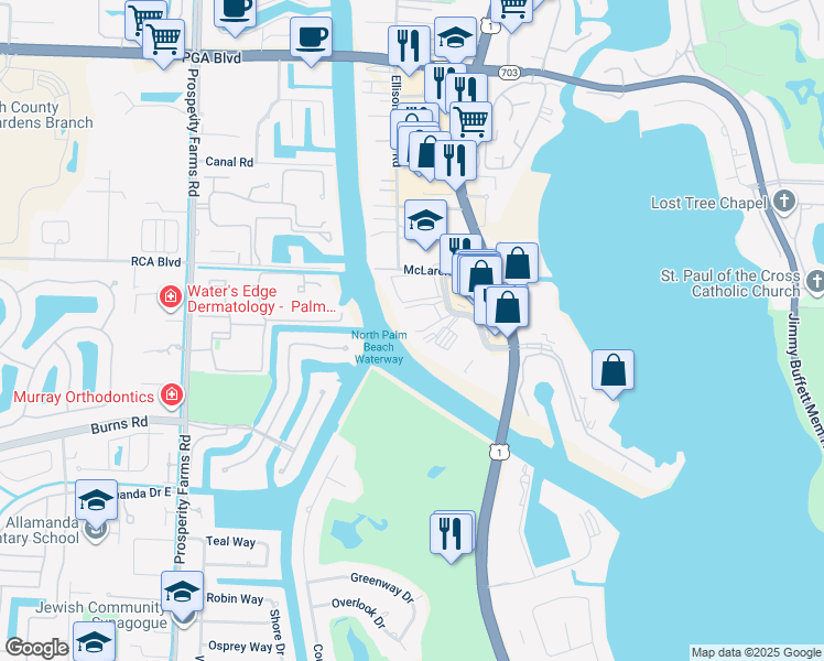 map of restaurants, bars, coffee shops, grocery stores, and more near 364 Golfview Road in North Palm Beach