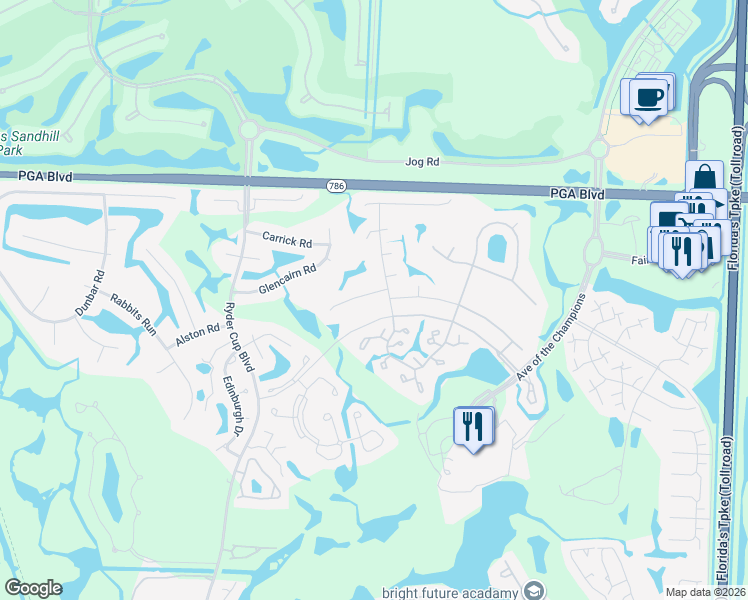 map of restaurants, bars, coffee shops, grocery stores, and more near 18 Surrey Road in Palm Beach Gardens