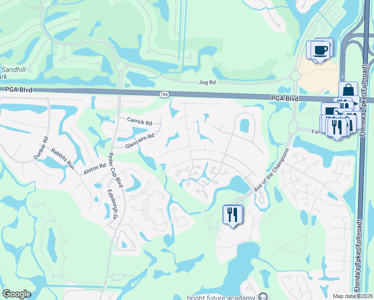 map of restaurants, bars, coffee shops, grocery stores, and more near 18 Surrey Road in Palm Beach Gardens