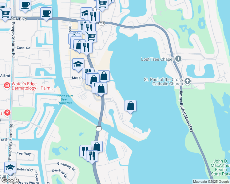 map of restaurants, bars, coffee shops, grocery stores, and more near 136 Lakeshore Drive in North Palm Beach