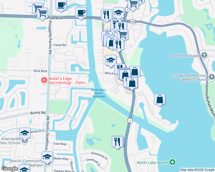 map of restaurants, bars, coffee shops, grocery stores, and more near 364 Golfview Road in North Palm Beach