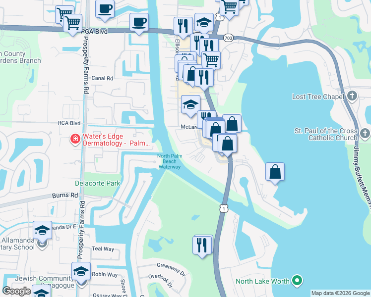 map of restaurants, bars, coffee shops, grocery stores, and more near 364 Golfview Road in North Palm Beach