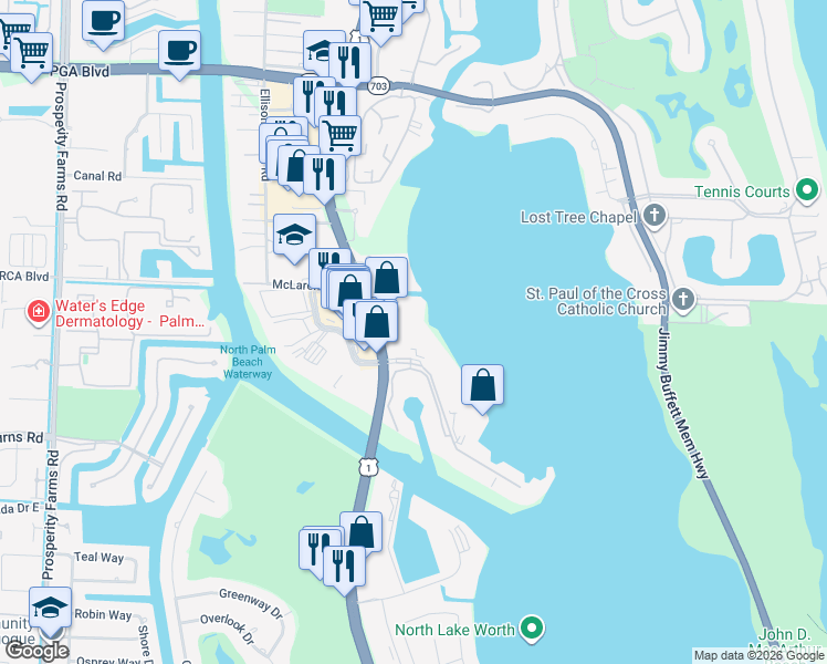 map of restaurants, bars, coffee shops, grocery stores, and more near 136 Lakeshore Drive in North Palm Beach