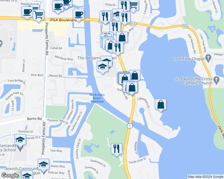 map of restaurants, bars, coffee shops, grocery stores, and more near 356 Golfview Road in North Palm Beach