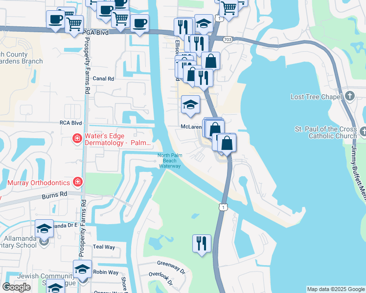 map of restaurants, bars, coffee shops, grocery stores, and more near 364 Golfview Road in North Palm Beach