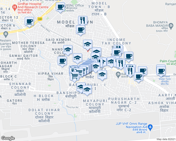 map of restaurants, bars, coffee shops, grocery stores, and more near Jagatpura Road in Jaipur