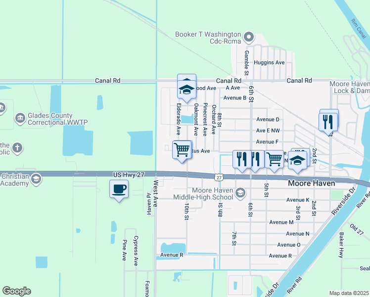 map of restaurants, bars, coffee shops, grocery stores, and more near 200 10th Street in Moore Haven