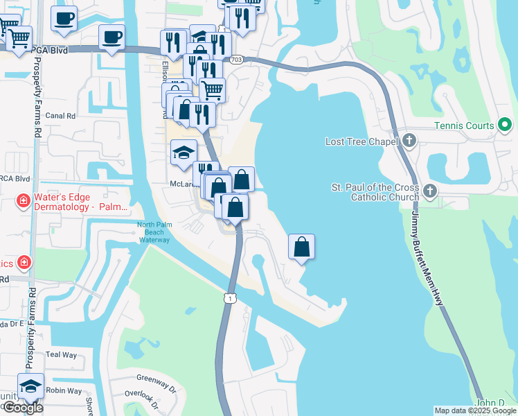 map of restaurants, bars, coffee shops, grocery stores, and more near 1208 Marine Way in North Palm Beach