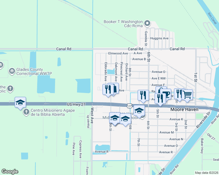 map of restaurants, bars, coffee shops, grocery stores, and more near 202 10th Street in Moore Haven
