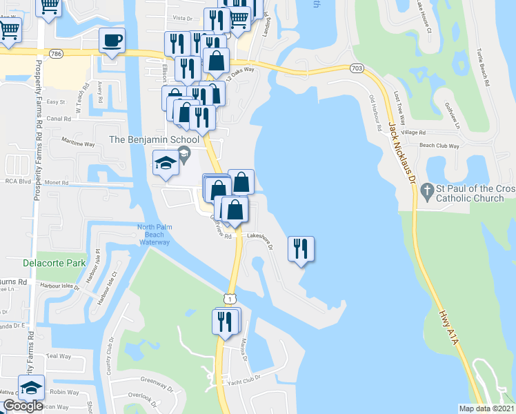 map of restaurants, bars, coffee shops, grocery stores, and more near 1200 Marine Way in North Palm Beach