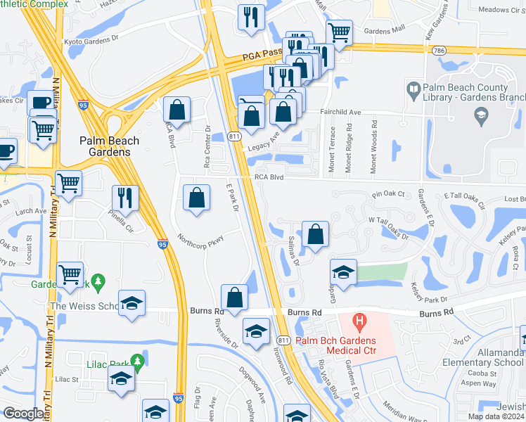 map of restaurants, bars, coffee shops, grocery stores, and more near 165 Santa Barbara Way in Palm Beach Gardens