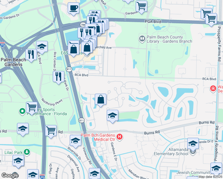 map of restaurants, bars, coffee shops, grocery stores, and more near 4603 Water Oak Court in Palm Beach Gardens