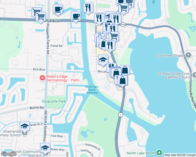 map of restaurants, bars, coffee shops, grocery stores, and more near 398 Golfview Road in North Palm Beach