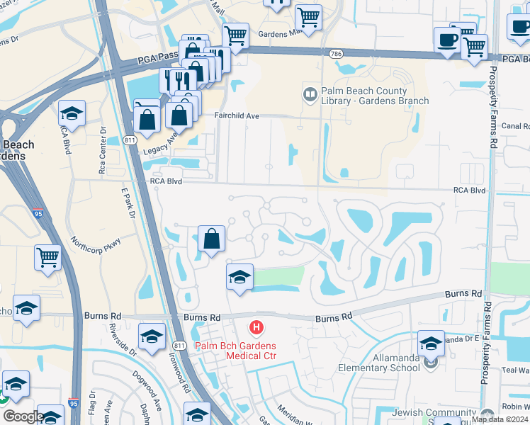 map of restaurants, bars, coffee shops, grocery stores, and more near 5103 Water Oak Court in Palm Beach Gardens