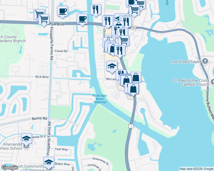 map of restaurants, bars, coffee shops, grocery stores, and more near 398 Golfview Road in North Palm Beach