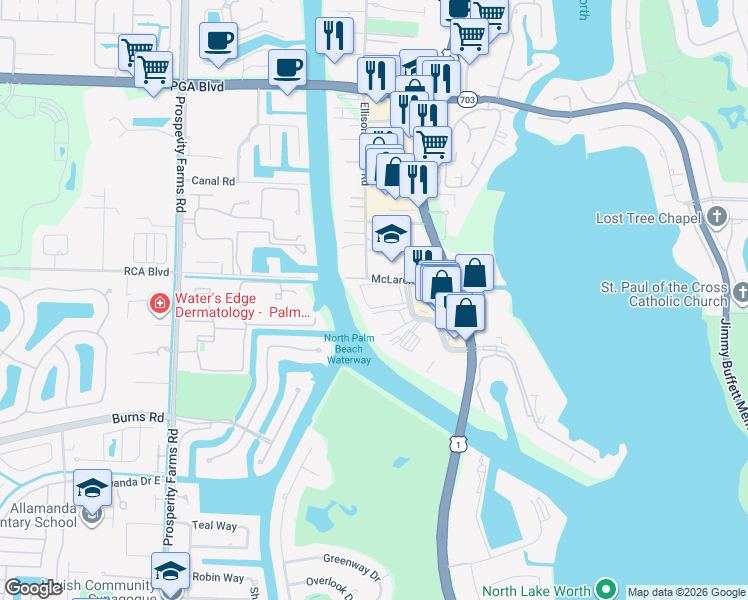 map of restaurants, bars, coffee shops, grocery stores, and more near 398 Golfview Road in North Palm Beach