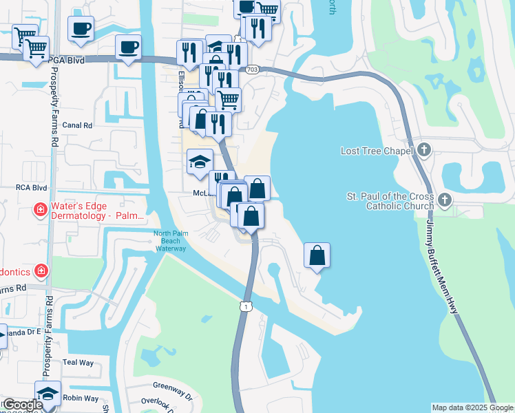 map of restaurants, bars, coffee shops, grocery stores, and more near 1224 U.S. 1 in North Palm Beach