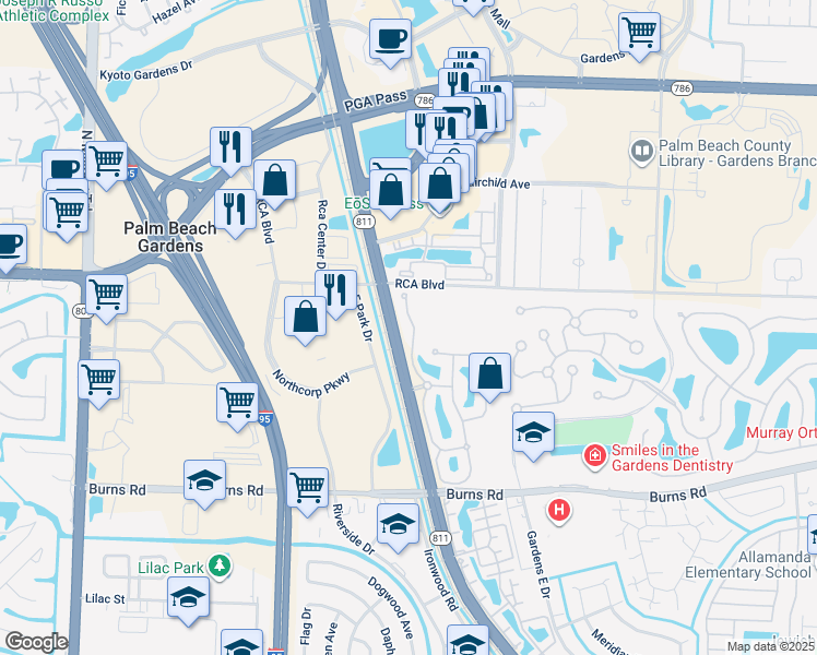 map of restaurants, bars, coffee shops, grocery stores, and more near 175 Santa Barbara Way in Palm Beach Gardens