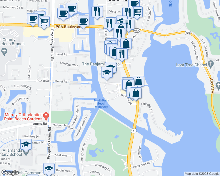 map of restaurants, bars, coffee shops, grocery stores, and more near 398 Golfview Road in North Palm Beach