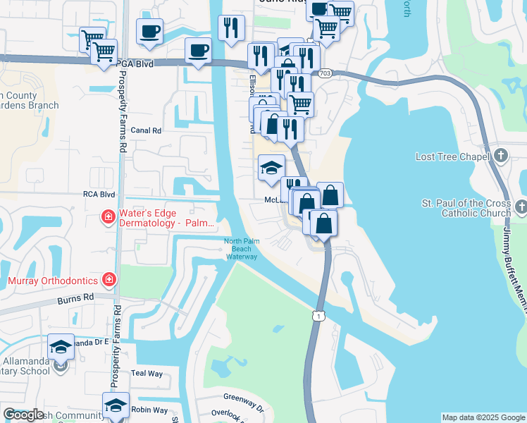 map of restaurants, bars, coffee shops, grocery stores, and more near 398 Golfview Road in North Palm Beach
