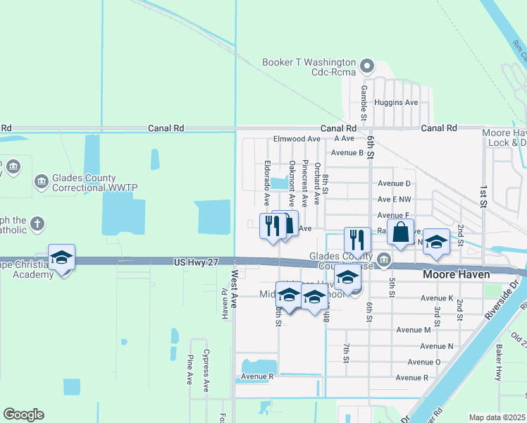 map of restaurants, bars, coffee shops, grocery stores, and more near 206 Eldorado Avenue in Moore Haven