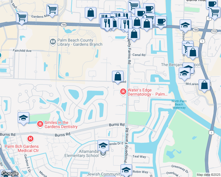 map of restaurants, bars, coffee shops, grocery stores, and more near 156 Lost Bridge Drive in Palm Beach Gardens