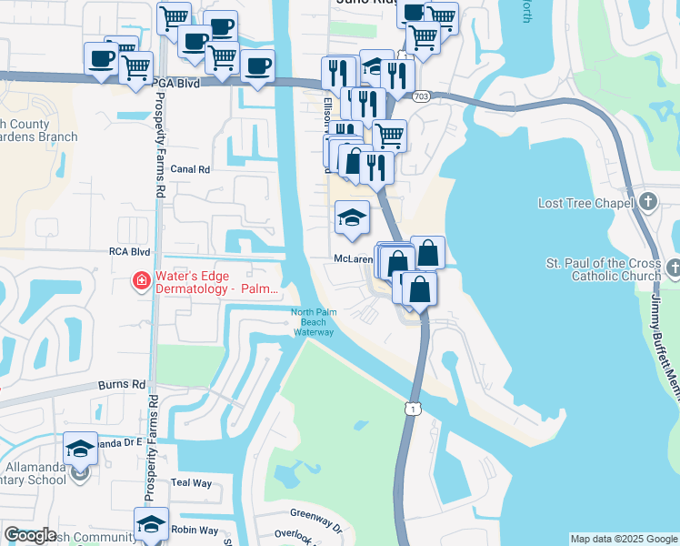 map of restaurants, bars, coffee shops, grocery stores, and more near 390 Golfview Road in North Palm Beach