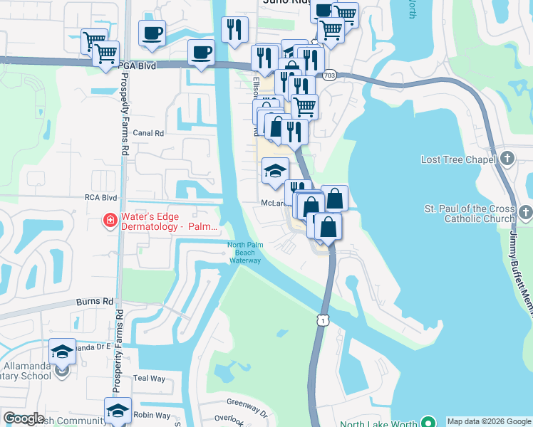 map of restaurants, bars, coffee shops, grocery stores, and more near 390 Golfview Road in North Palm Beach