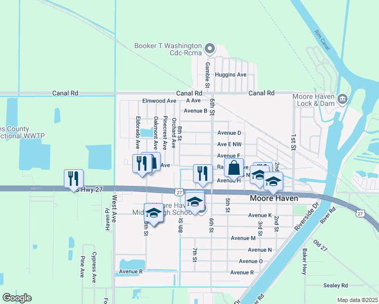 map of restaurants, bars, coffee shops, grocery stores, and more near 743 Avenue F in Moore Haven