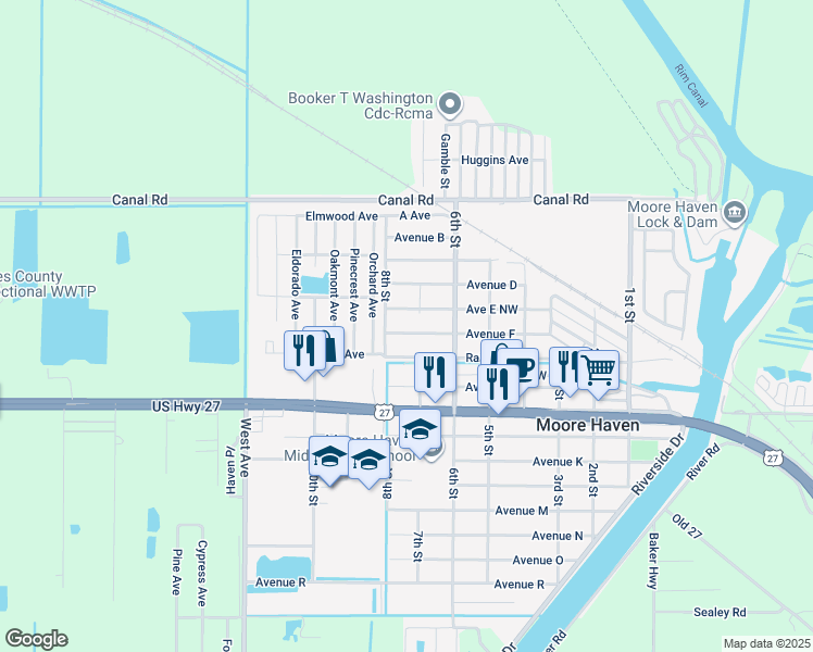 map of restaurants, bars, coffee shops, grocery stores, and more near 743 Avenue F in Moore Haven