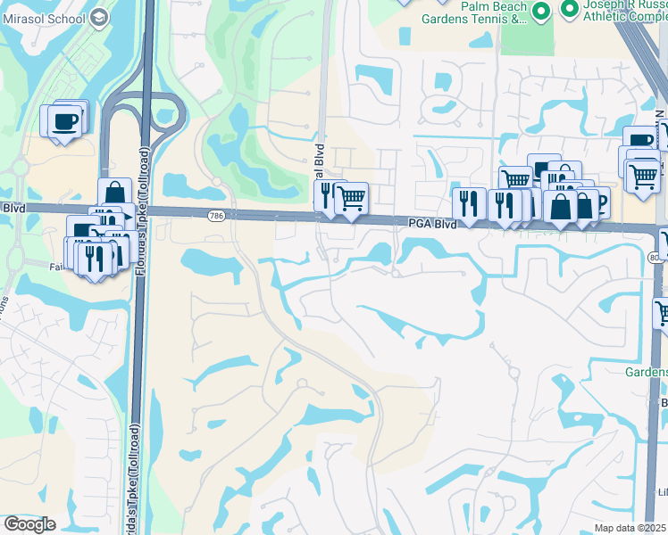 map of restaurants, bars, coffee shops, grocery stores, and more near 614 Commons Lane in Palm Beach Gardens