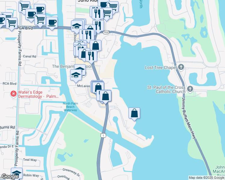 map of restaurants, bars, coffee shops, grocery stores, and more near 1224 U.S. 1 in North Palm Beach