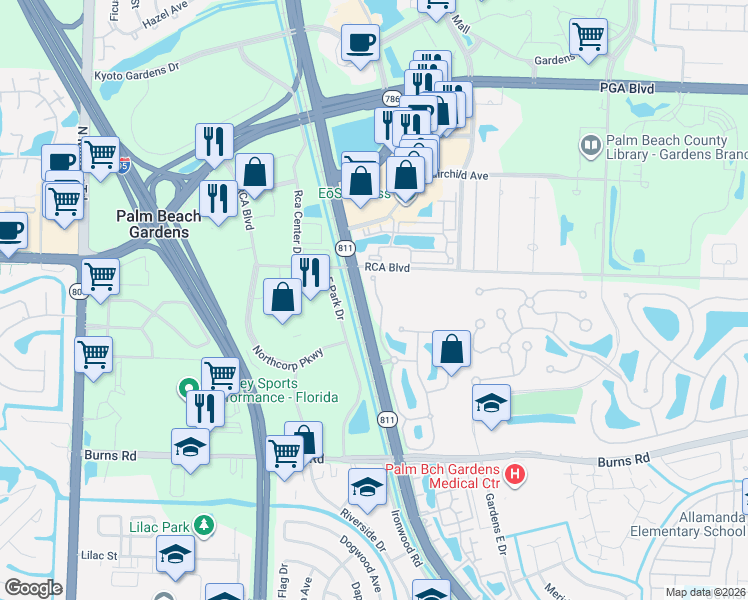 map of restaurants, bars, coffee shops, grocery stores, and more near 175 Santa Barbara Way in Palm Beach Gardens
